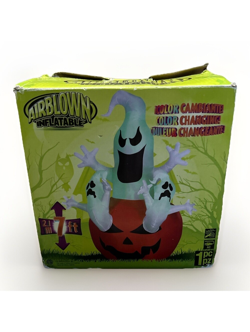 Halloween Gemmy Pumpkin Ghost Inflatable Airblown 7ft Tall LED Color Changing